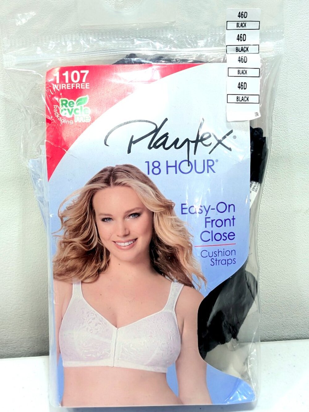 Playtex 18 Hour 46D Black Wirefree Front Close Cushion Straps Bra 1107